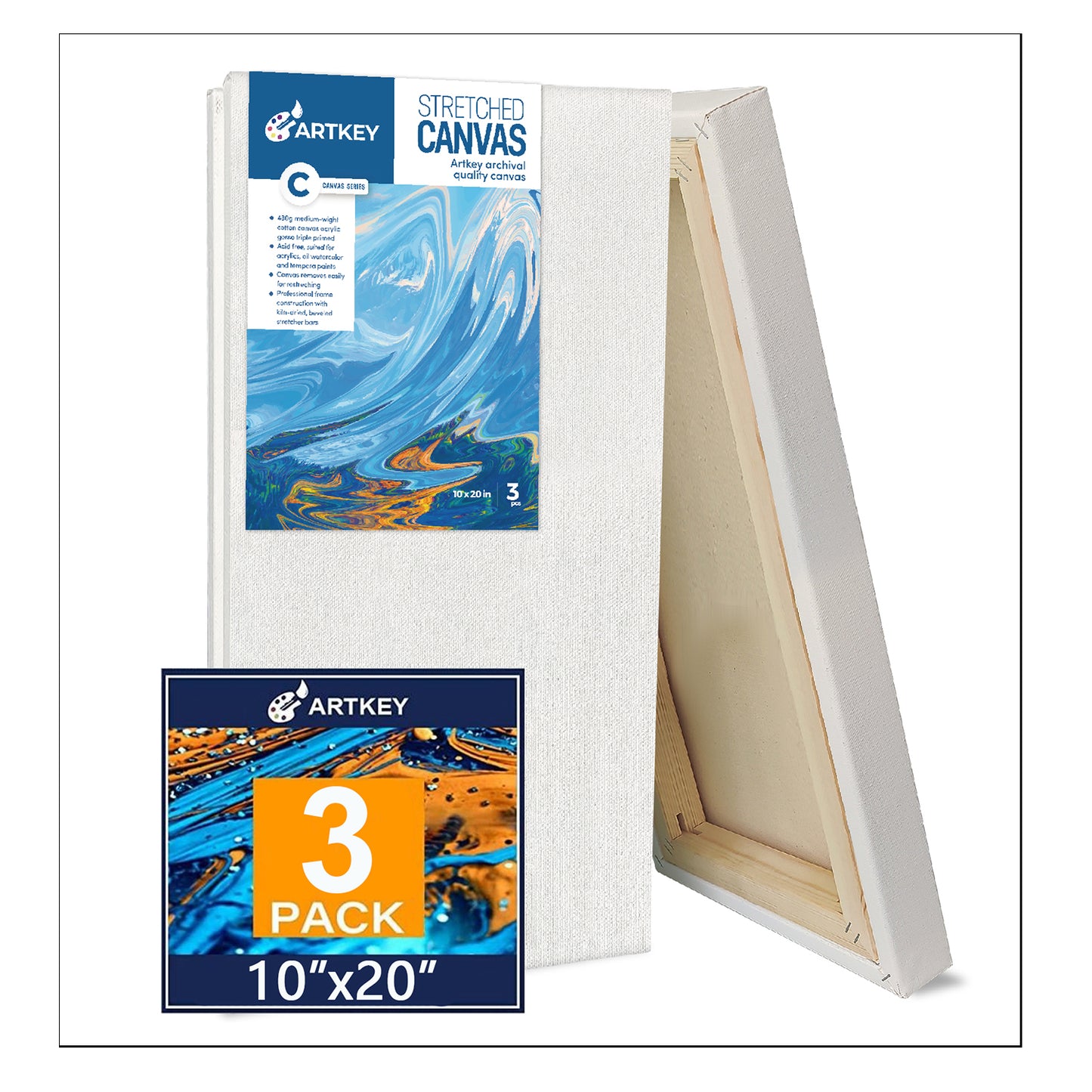 16 oz Triple Primed 10"x20" Acid free Gallery Wrapped Canvases 3-Pack,1 1/2 Inches Profile