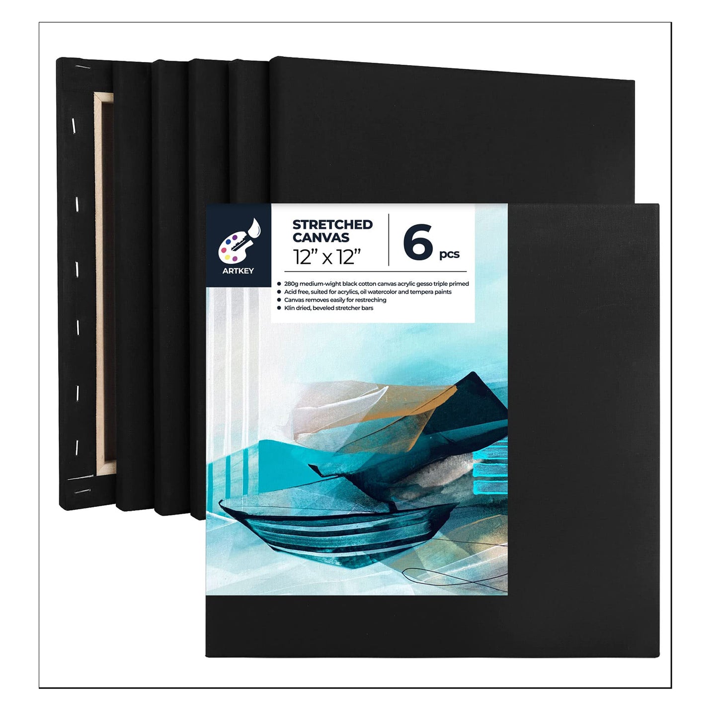 10 oz Triple Primed 12"x12" Acid free Black Canvases 6-Pack,5/8" Profile