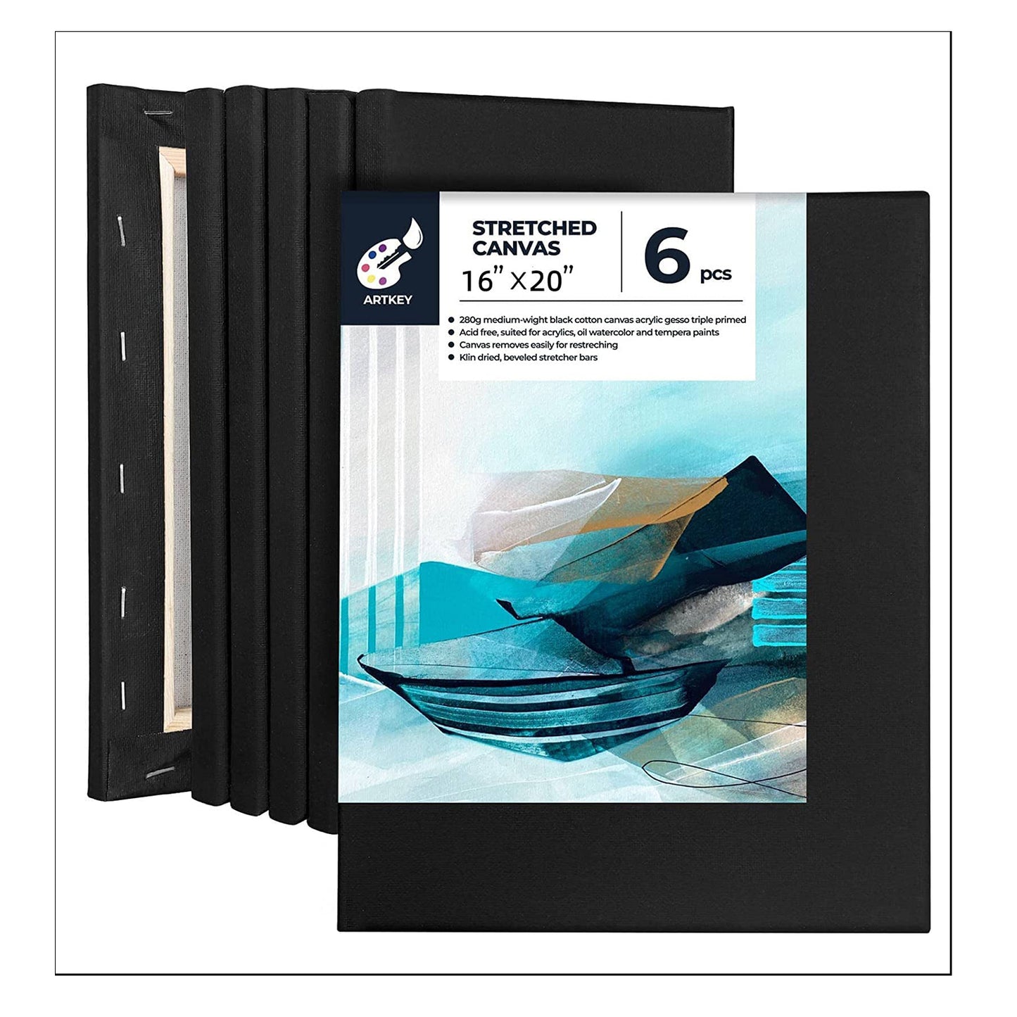 10 oz Triple Primed 16"x20" Acid free Black Canvases 6-Pack,5/8" Profile