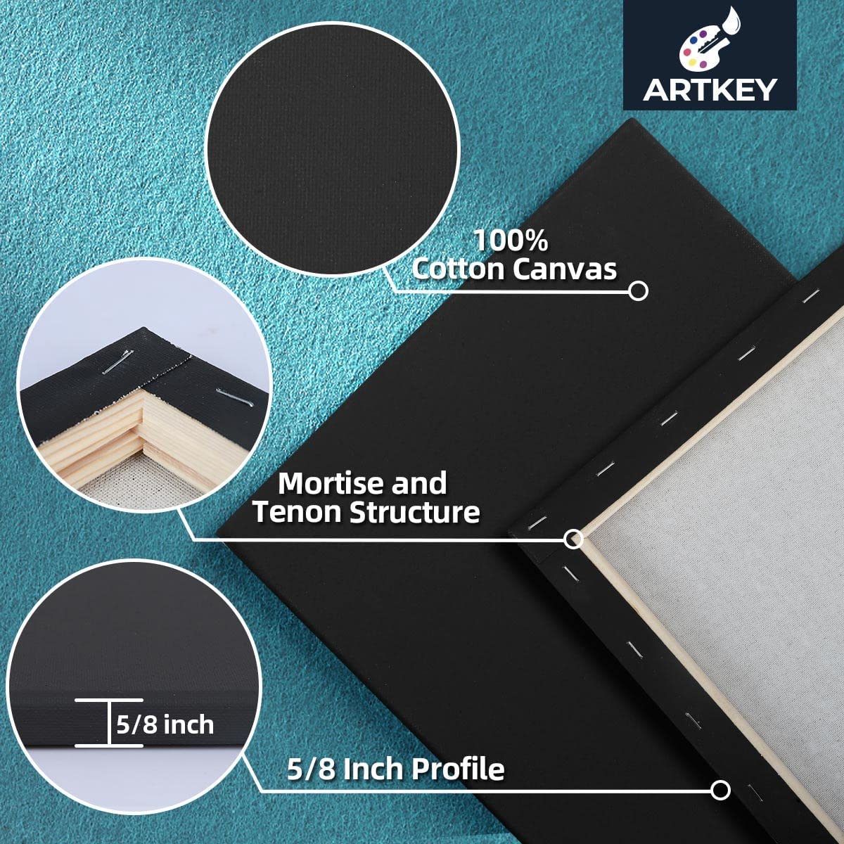 10 oz Triple Primed 16"x20" Acid free Black Canvases 6-Pack,5/8" Profile