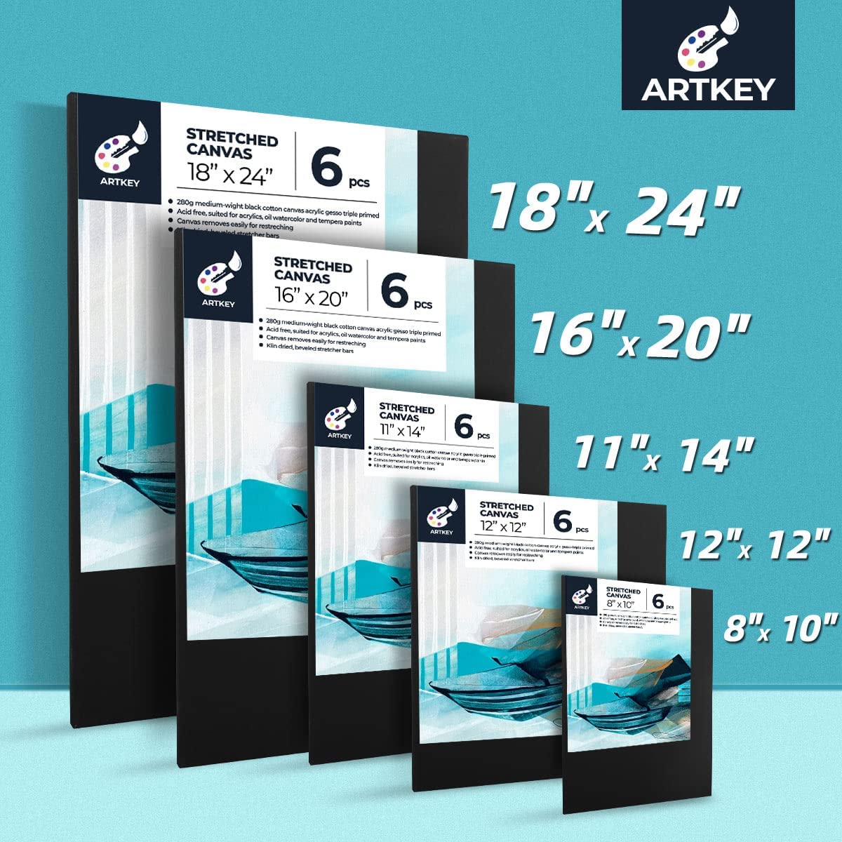 10 oz Triple Primed 11"x14" Acid free Black Canvases 6-Pack,5/8" Profile