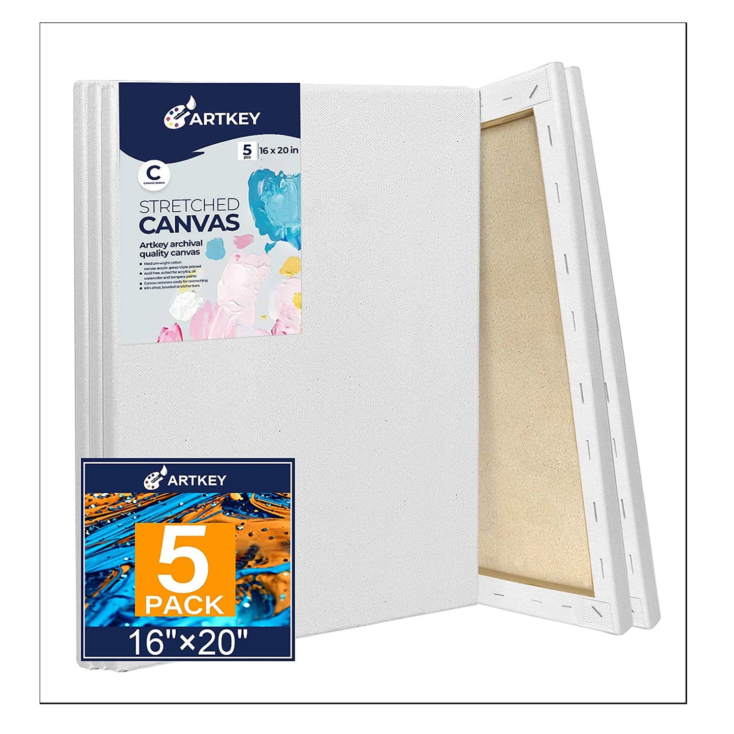 10 oz Triple Primed 16"x20" Acid free Canvases 5-Pack，5/8" Profile