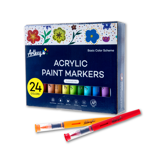 Artkey Acrylic Paint Markers 24 Colors, Direct-Liquid Acrylic Paint Pens with Flexible Brush Tip for Rock Painting, Wood, Canvas, Glass, Ceramic, Fabric, DIY Crafts