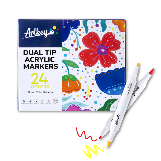 Artkey Acrylic Paint Markers 24 Colors, Dual Tip Acrylic Markers with Brush and Fine Tips, Acrylic Paint Pens for Rock Painting, Canvas, Wood, Glass, Ceramic, Stone and DIY Projects