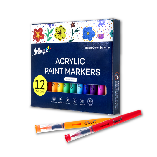 Artkey Acrylic Paint Markers 12 Colors, Direct-Liquid Acrylic Paint Pens with Flexible Brush Tip for Rock Painting, Wood, Canvas, Glass, Ceramic, Fabric, DIY Crafts