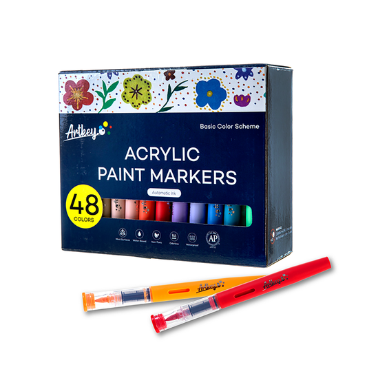 Artkey Acrylic Paint Markers 48 Colors, Direct-Liquid Acrylic Paint Pens with Flexible Brush Tip for Rock Painting, Wood, Canvas, Glass, Ceramic, Fabric, DIY Crafts