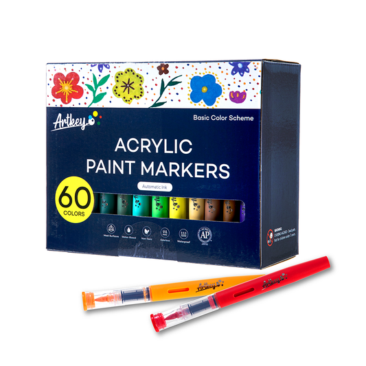 Artkey Acrylic Paint Markers 60 Colors, Direct-Liquid Acrylic Paint Pens with Flexible Brush Tip for Rock Painting, Wood, Canvas, Glass, Ceramic, Fabric, DIY Crafts