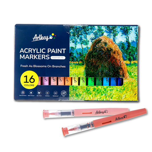 Artkey Acrylic Paint Markers 16 Colors Spring Palette, Direct-Liquid Acrylic Paint Pens with Flexible Brush Tip for Rock Painting, Wood, Canvas, Glass, Ceramic, Fabric, DIY Crafts
