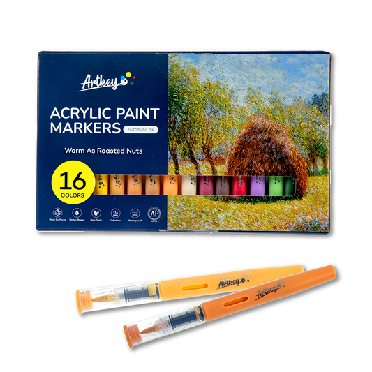 Artkey Acrylic Paint Markers 16 Colors Fall Palette, Autumn-Inspired Direct-Liquid Acrylic Paint Pens with Flexible Brush Tip for Rock Painting, Wood, Canvas, Glass, Ceramic, Fabric, DIY Crafts