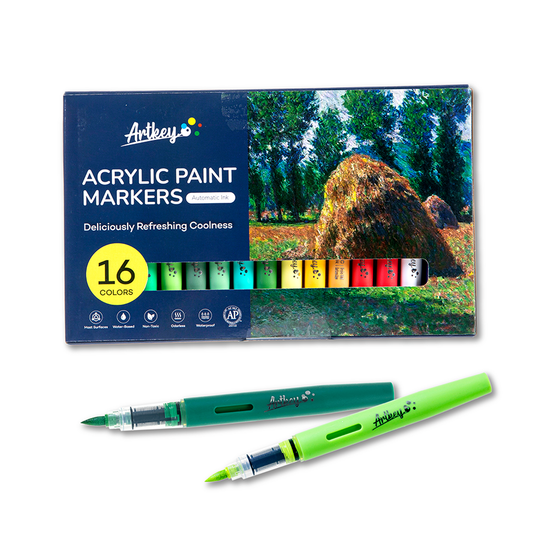 Artkey Acrylic Paint Markers 16 Colors Summer Palette, Direct-Liquid Acrylic Paint Pens with Flexible Brush Tip for Rock Painting, Wood, Canvas, Glass, Ceramic, Fabric, DIY Crafts