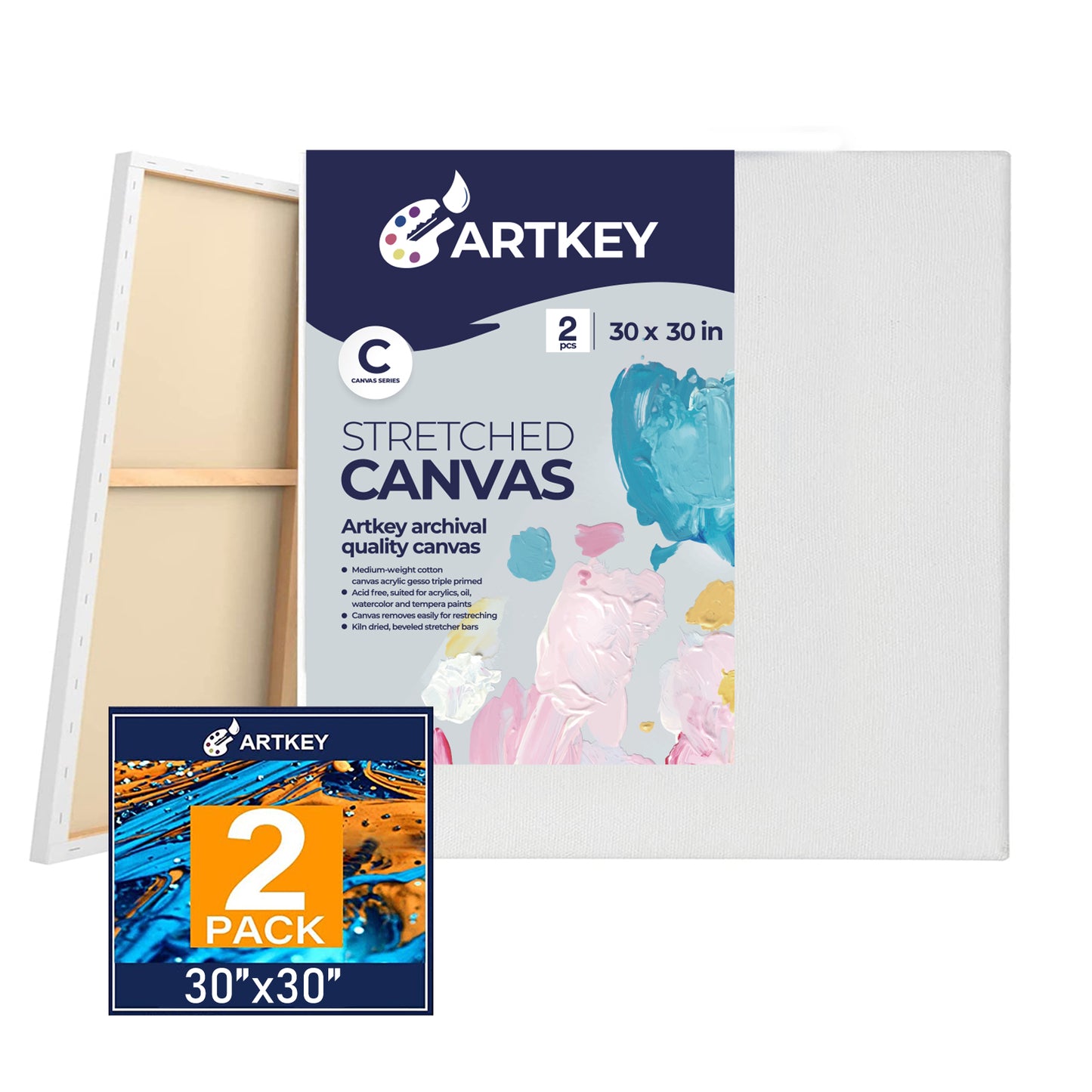 12.3 oz Triple Primed 30"x30" Acid free Canvases 2-Pack，5/8" Profile