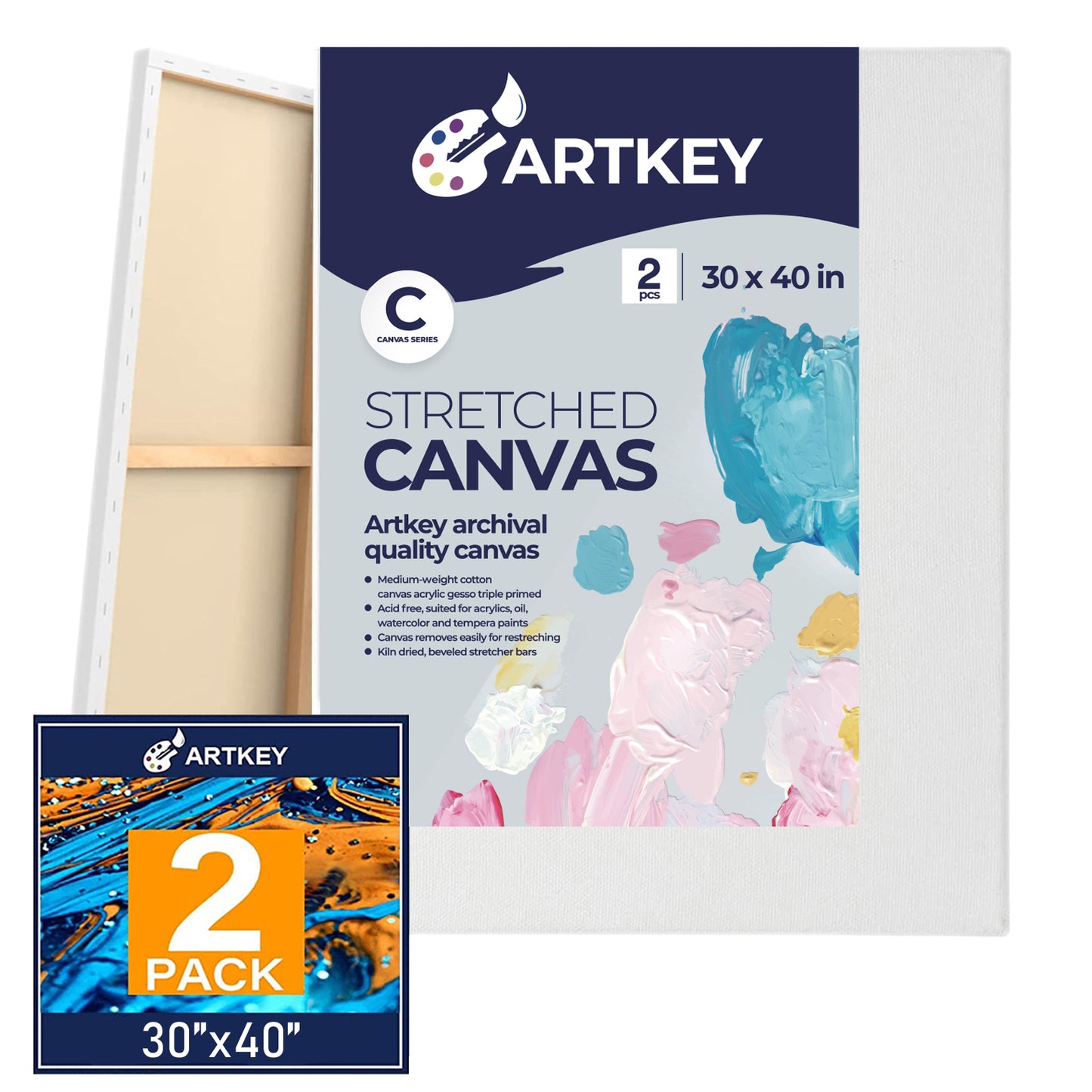 12.3 oz Triple Primed 30"x40" Acid free Canvases 2-Pack，5/8" Profile