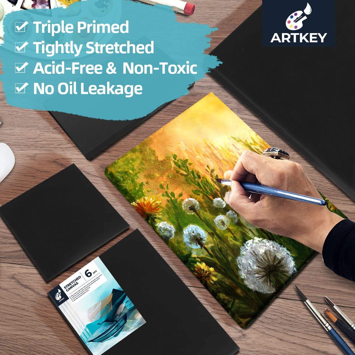 10 oz Triple Primed 8"x10" Acid free Black Canvases 6-Pack，5/8" Profile