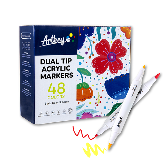 Artkey Acrylic Paint Markers 48 Colors, Dual Tip Acrylic Markers with Brush and Fine Tips, Acrylic Paint Pens for Rock Painting, Canvas, Wood, Glass, Ceramic, Stone and DIY Projects
