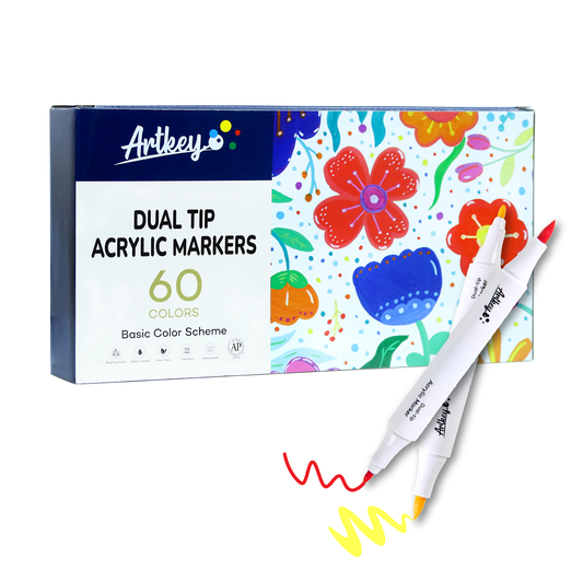 Artkey Acrylic Paint Markers 60 Colors, Dual Tip Acrylic Markers with Brush and Fine Tips, Acrylic Paint Pens for Rock Painting, Canvas, Wood, Glass, Ceramic, Stone and DIY Projects