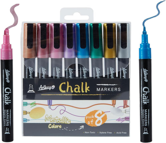 Artkey Metallic Chalk Markers Set - 8 Pack with Reversible Tips (Chisel & Bullet) for Chalkboards, Windows, Glass & More - Vibrant Colors for Art & Craft Projects