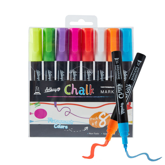 Artkey Neon Chalk Markers Set - 8 Pack with Reversible Tips (Chisel & Bullet) for Glass, Windows & Non-Porous Surfaces - Vibrant Fluorescent Colors for Art & Craft Projects