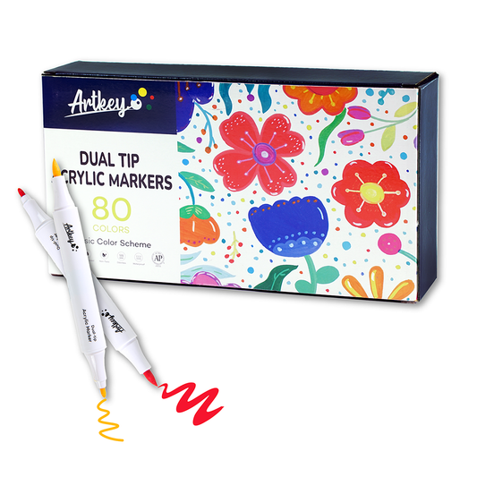 Artkey Acrylic Paint Markers 80 Colors, Dual Tip Acrylic Markers with Brush and Fine Tips, Acrylic Paint Pens for Rock Painting, Canvas, Wood, Glass, Ceramic, Stone and DIY Projects