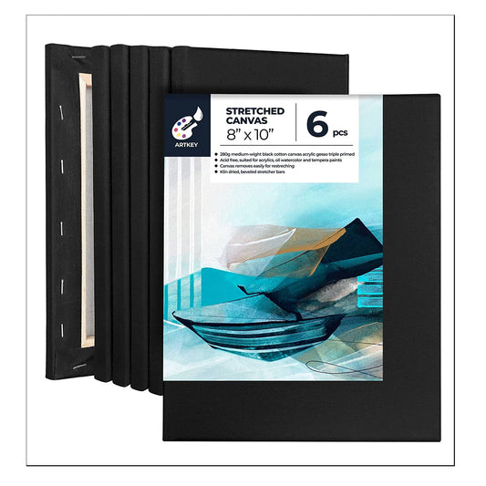 10 oz Triple Primed 8"x10" Acid free Black Canvases 6-Pack，5/8" Profile